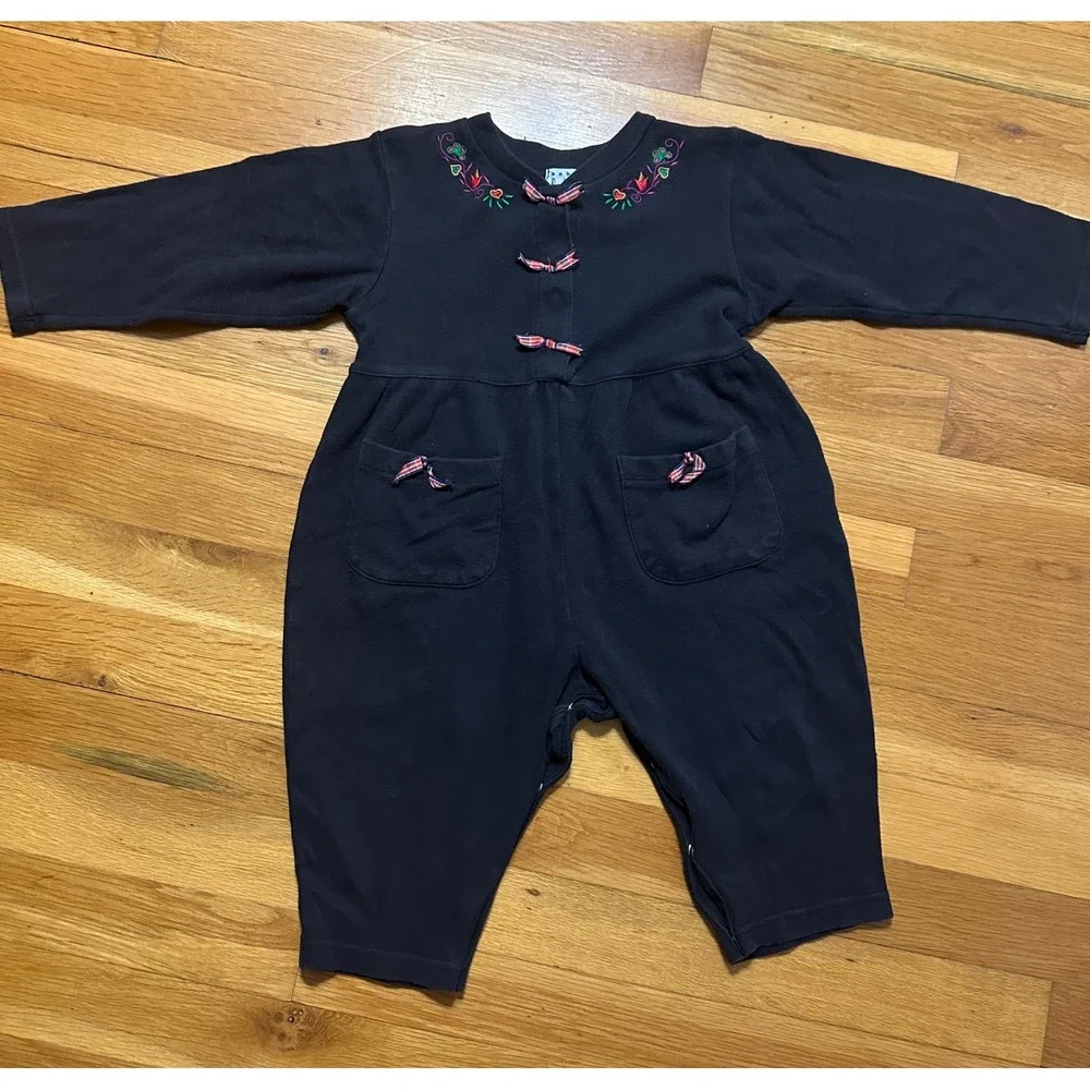 Vintage Baby Gap Black Floral Embroidered Romper Plaid Bows 18-24M Cotton XL